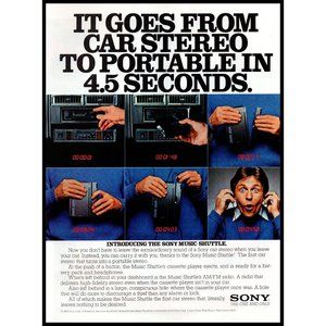 1983 Sony Music Shuttle Car and Portable Stereo Vintage Print Ad 80s Tech Art